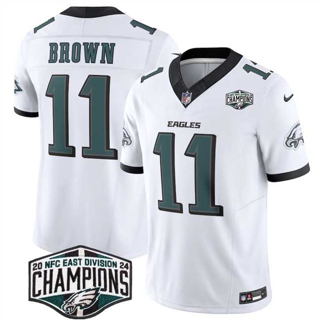 Mens Philadelphia Eagles #11 A.J. Brown White 2024 New NFC East Champions F.U.S.E. Vapor Untouchable Limited Stitched Jersey